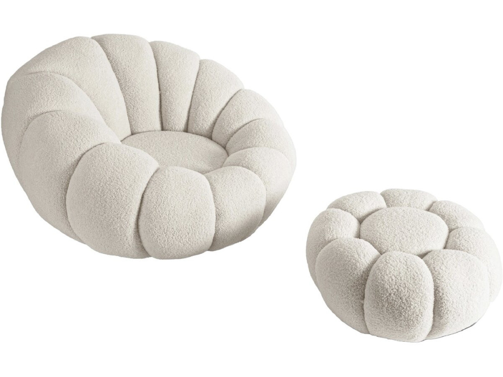 Cadeirão estilo bolha "Élysée" com pufe em tecido bouclette - Creme