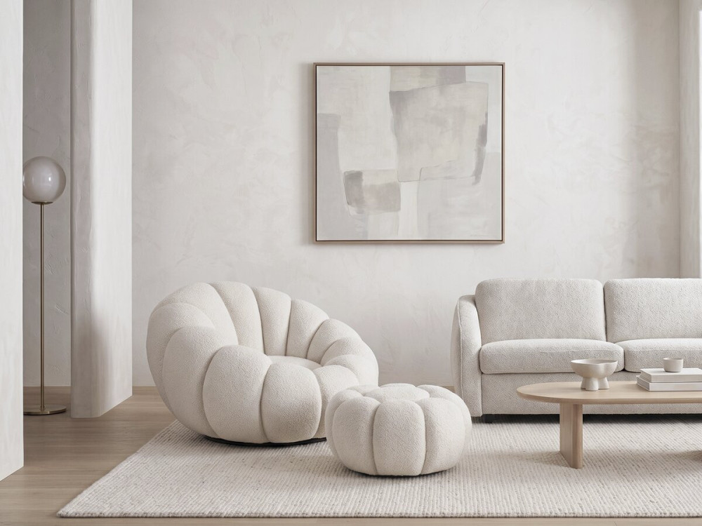 Cadeirão estilo bolha "Élysée" com pufe em tecido bouclette - Creme