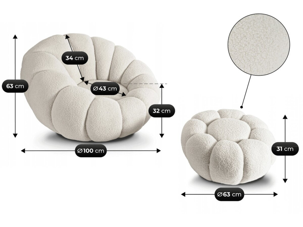 Cadeirão estilo bolha "Élysée" com pufe em tecido bouclette - Creme