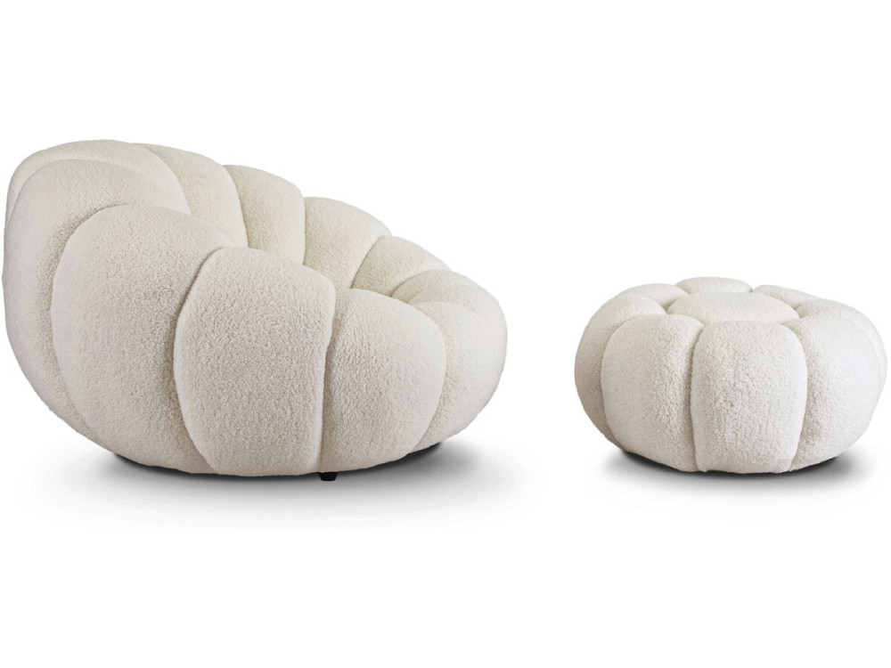 Cadeirão estilo bolha "Élysée" com pufe em tecido bouclette - Creme