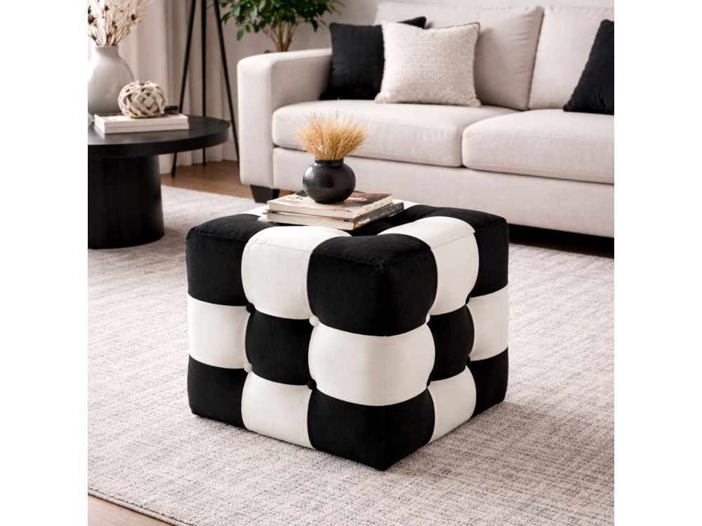 Pufe de veludo "Patchwork" - 42 x 42 x 42 cm - Preto / Branco