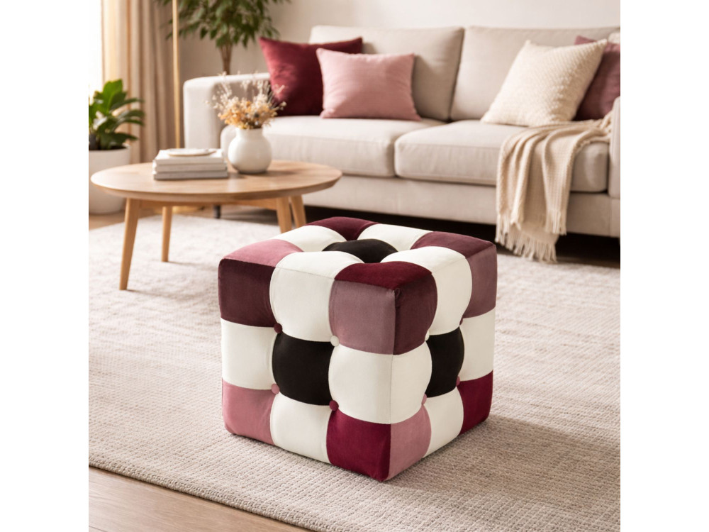Pufe de veludo "Patchwork" - 42 x 42 x 42 cm - Multicolorido