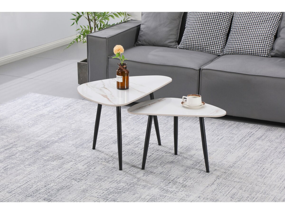 Conjunto de 2 mesas de centro encaixáveis ??em cerâmica "Terra" - 49 x 79 x 56 cm - Branco