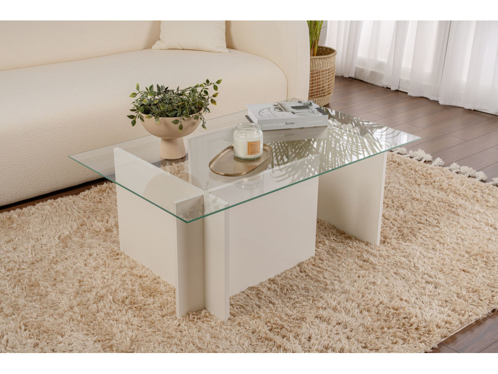 Mesa de centro em vidro "Vetrino" 105 x 65 x 40 cm - Madeira branca