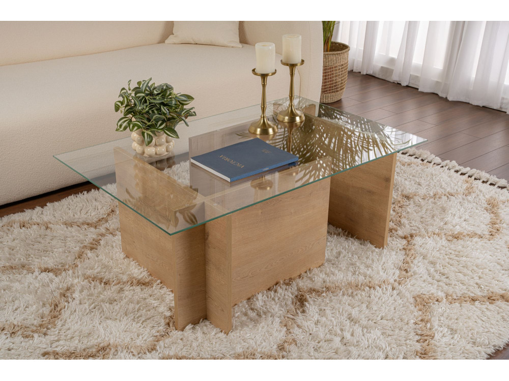 Mesa de centro em vidro "Vetrino" 105 x 65 x 40 cm - Carvalho mel