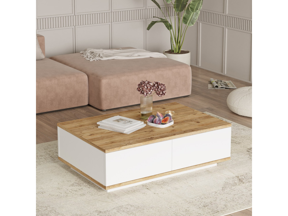 Mesa de centro em madeira "FR14" - 90 x 60 x 28 cm - Pinho AtlânticoBranco