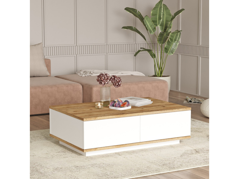 Mesa de centro em madeira "FR14" - 90 x 60 x 28 cm - Pinho AtlânticoBranco