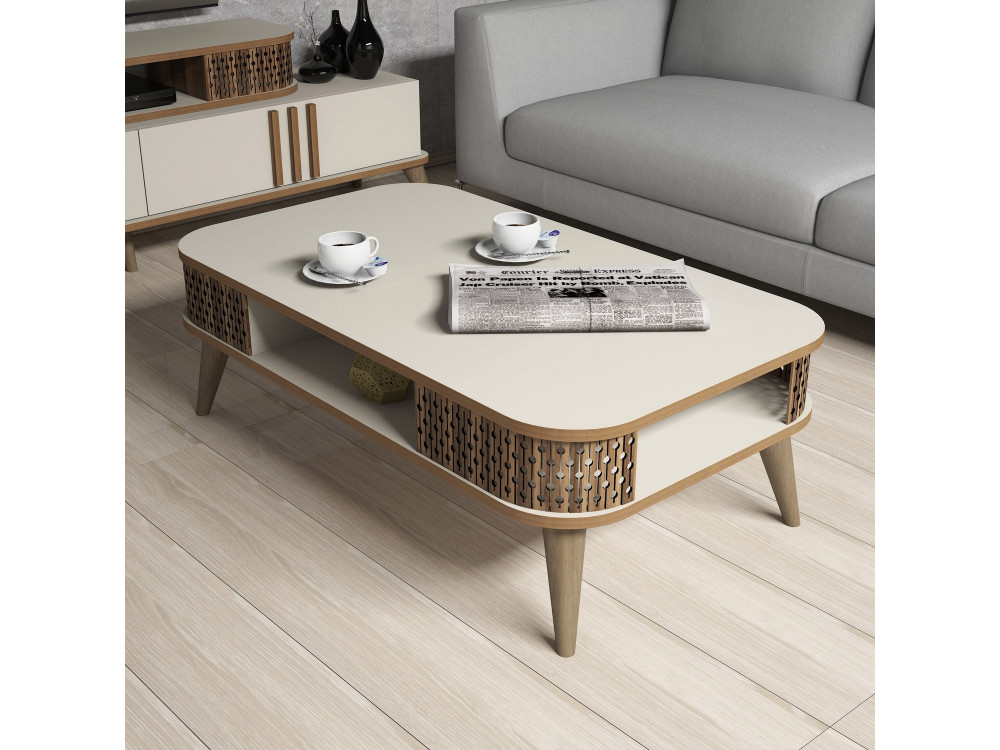 Mesa de centro em madeira "Eylül" - 105 x 60 x 34 cm - Creme