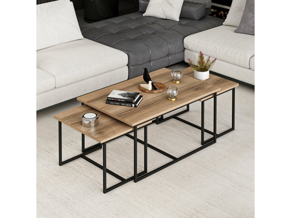 Mesa de encaixe de madeira "Levada" (3 peças) - 90 x 60 x 42 cm - Nogueira