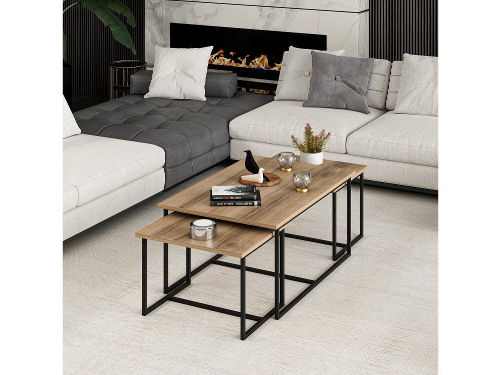 Mesa de encaixe de madeira "Levada" (3 peças) - 90 x 60 x 42 cm - Nogueira