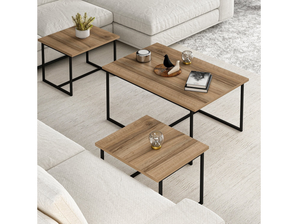 Mesa de encaixe de madeira "Levada" (3 peças) - 90 x 60 x 42 cm - Nogueira