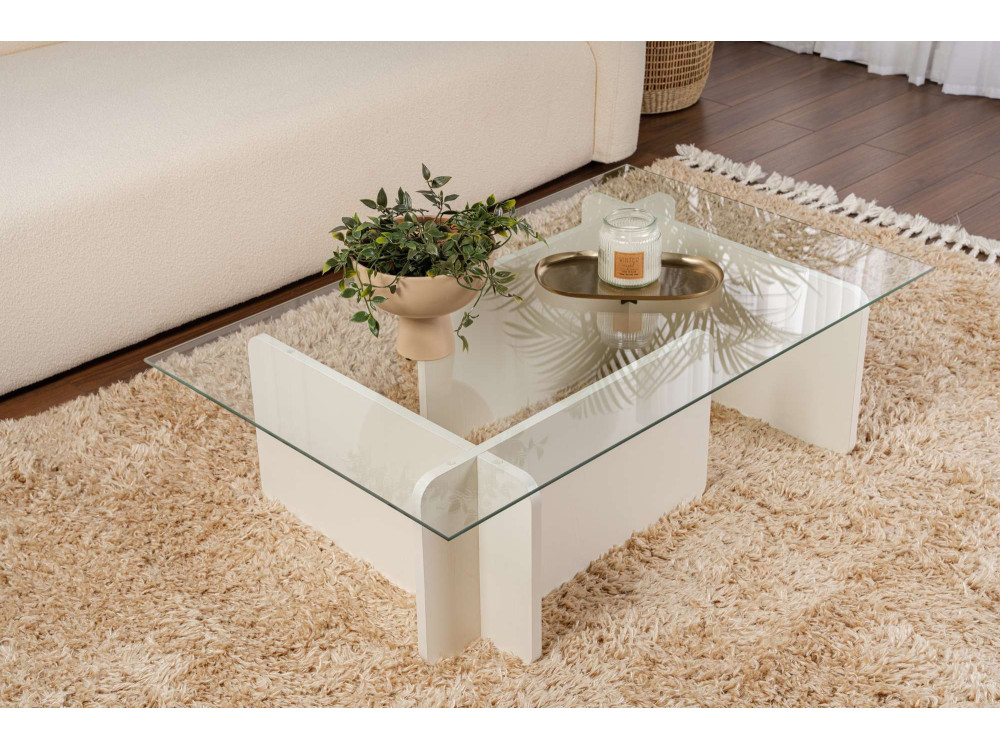 Mesa de centro de vidro "Flavio" 105 x 65 x 30 cm - Madeira branca