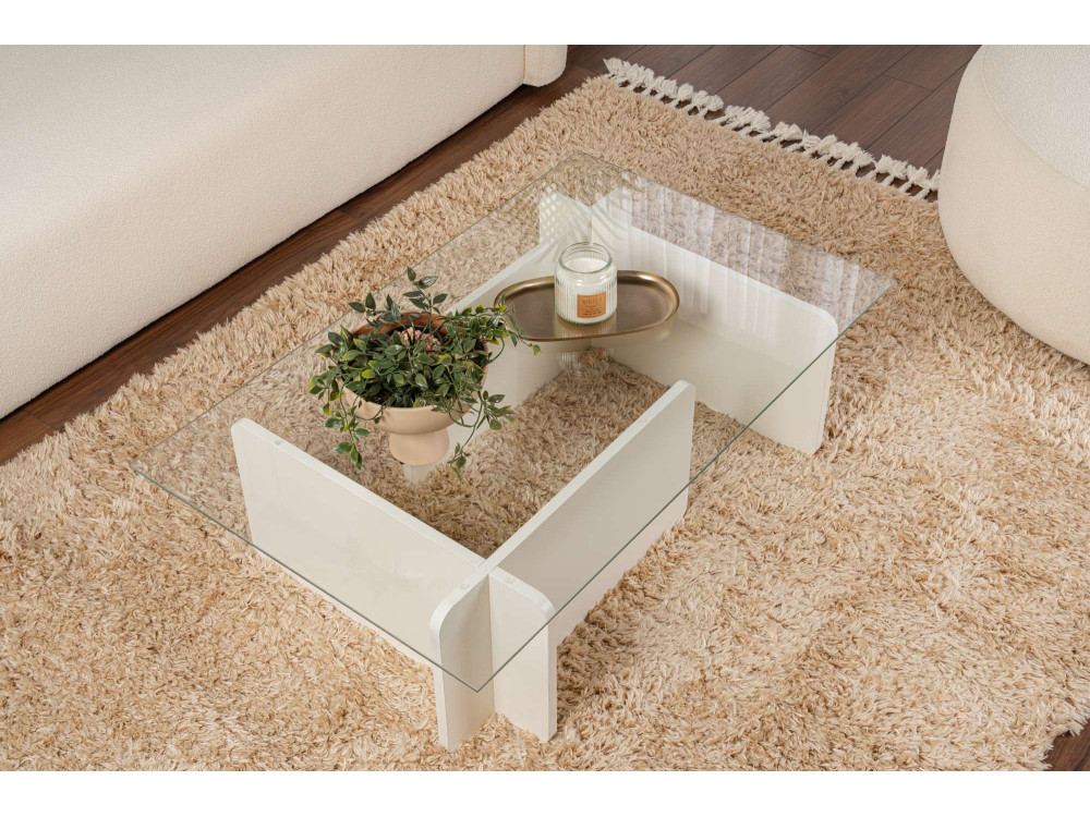 Mesa de centro de vidro "Flavio" 105 x 65 x 30 cm - Madeira branca