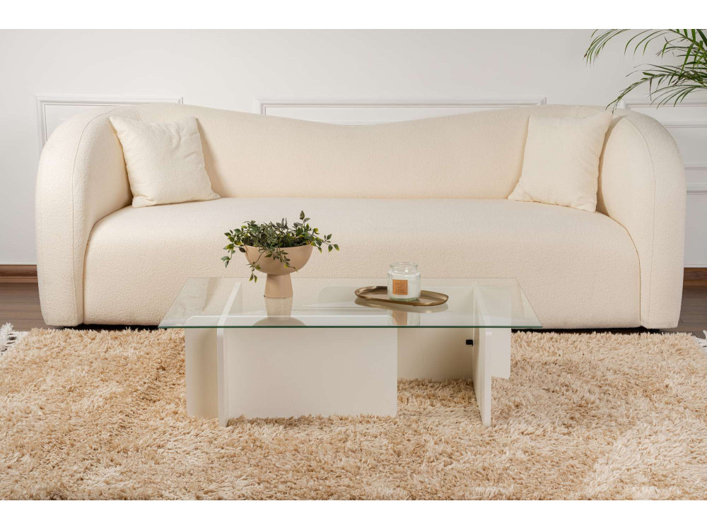 Mesa de centro de vidro "Flavio" 105 x 65 x 30 cm - Madeira branca