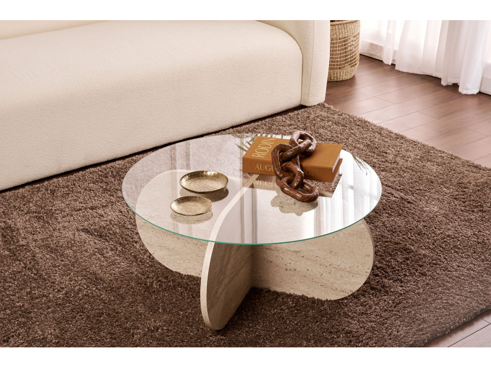 Mesa de centro de madeira "Aeris" - 75 x 75 x 35 cm - TravertinoTransparente