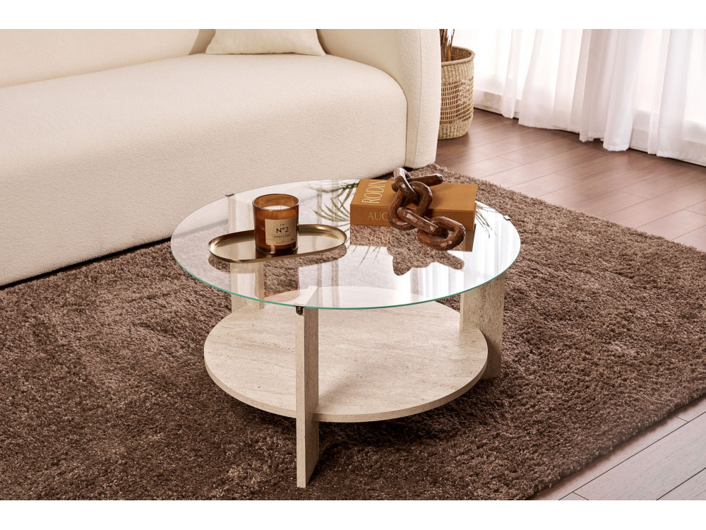 Mesa de centro em madeira "Clara" - 75 x 75 x 40 cm - TravertinoTransparente