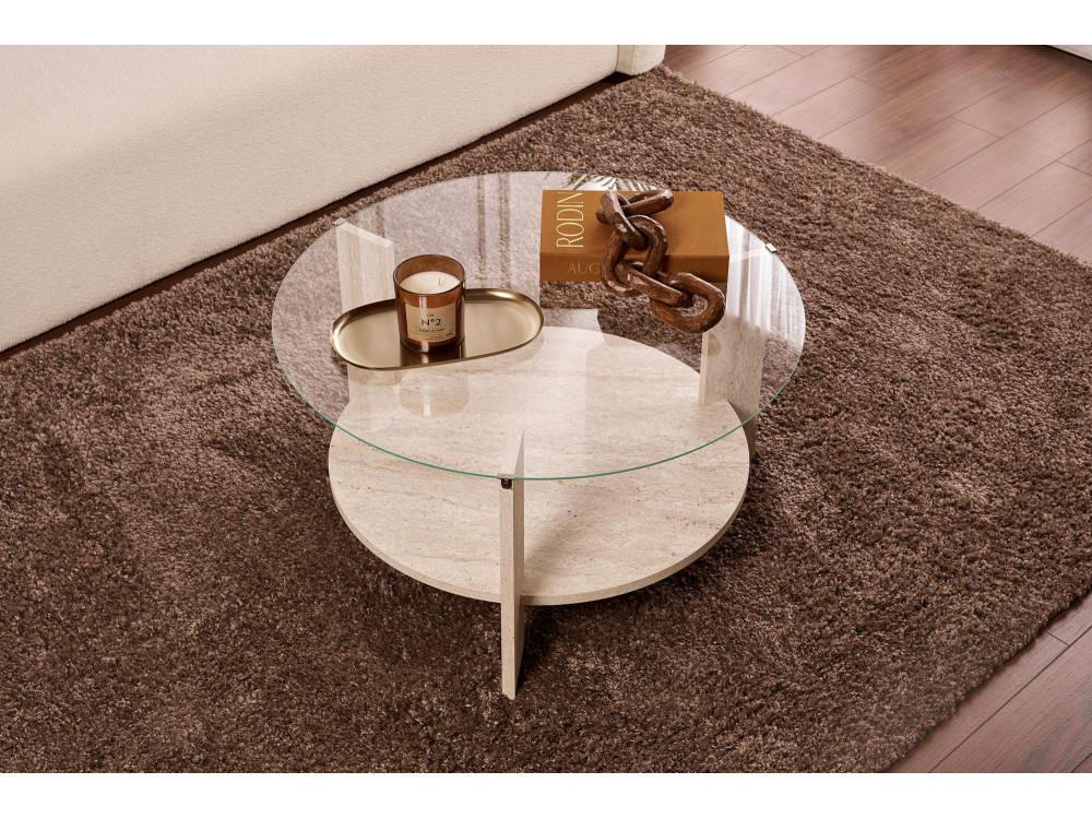 Mesa de centro em madeira "Clara" - 75 x 75 x 40 cm - TravertinoTransparente