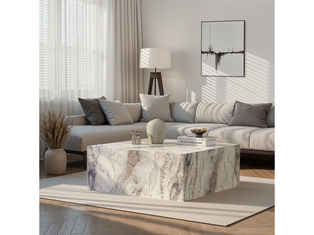 Mesa de centro em madeira "Prizma" - 90 x 90 x 35 cm - mármore Freesia