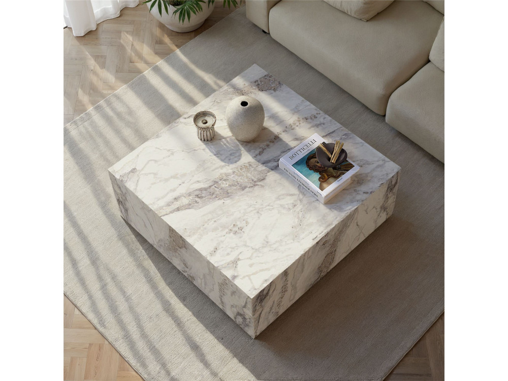 Mesa de centro em madeira "Prizma" - 90 x 90 x 35 cm - mármore Freesia