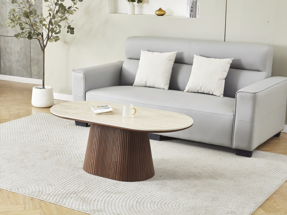 Mesa de centro oval em cerâmica "Portofino" - 120 cm -Travertino e castanho