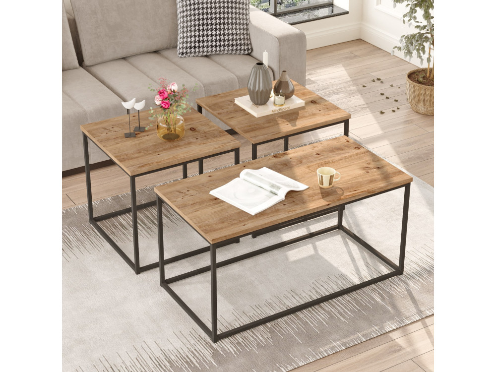 Conjunto de 3 mesas de centro em madeira "VG9" - 90 x 45 x 44 cm - Pinho Atlântico