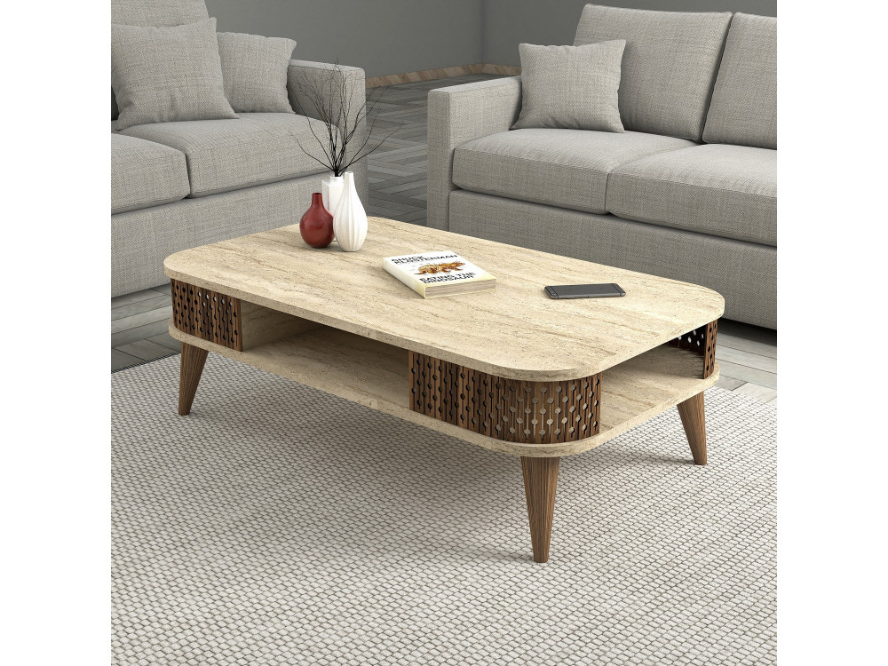 Mesa de centro em madeira "Eylul" - 105 x 60 x 35 cm - Travertino