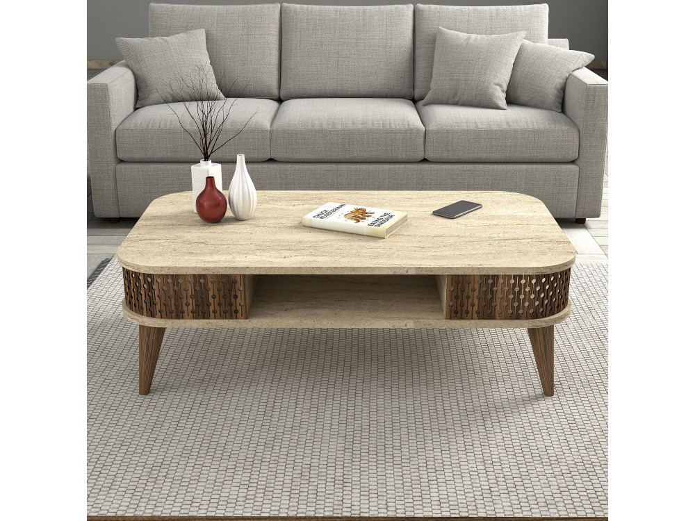 Mesa de centro em madeira "Eylul" - 105 x 60 x 35 cm - Travertino