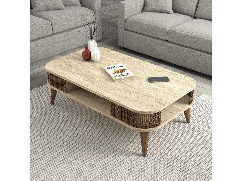 Mesa de centro em madeira "Eylul" - 105 x 60 x 35 cm - Travertino