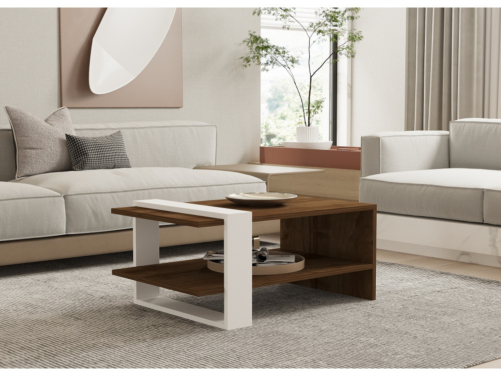 Mesa de centro de madeira "Gaye" - 80 x 50 x 35 cm - Nogueira, Branco