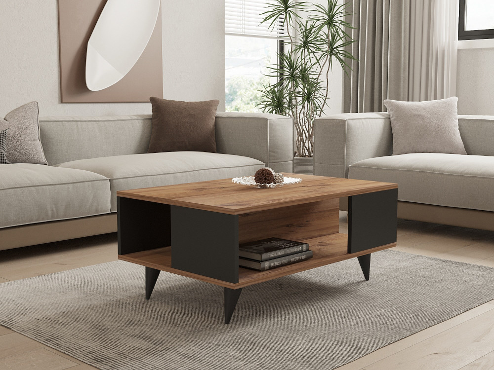 Mesa de centro de madeira "Yuka" - 90 x 60 x 39 cm - Nogueira, Preto