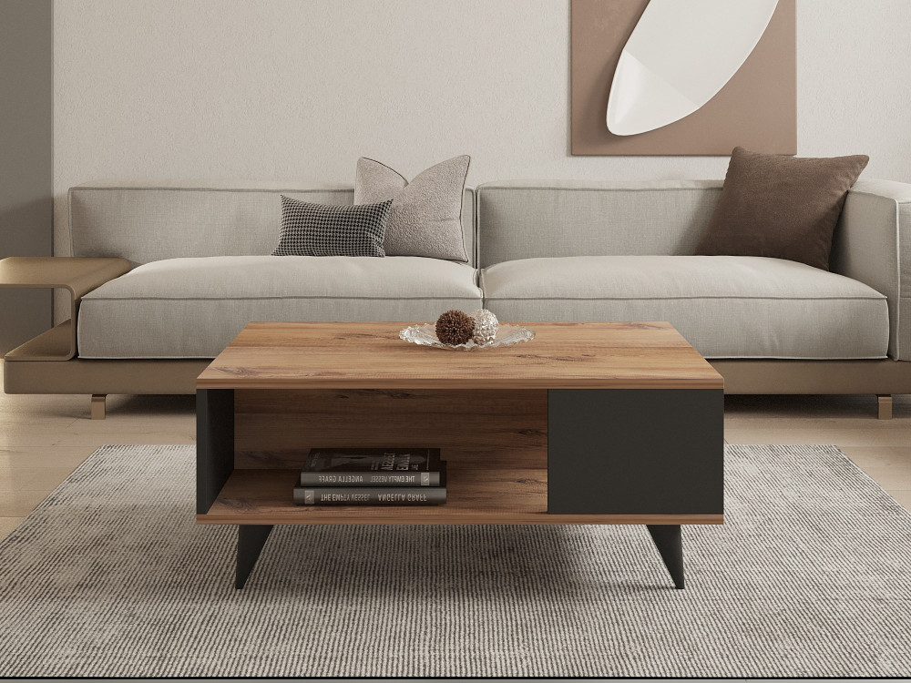 Mesa de centro de madeira "Yuka" - 90 x 60 x 39 cm - Nogueira, Preto