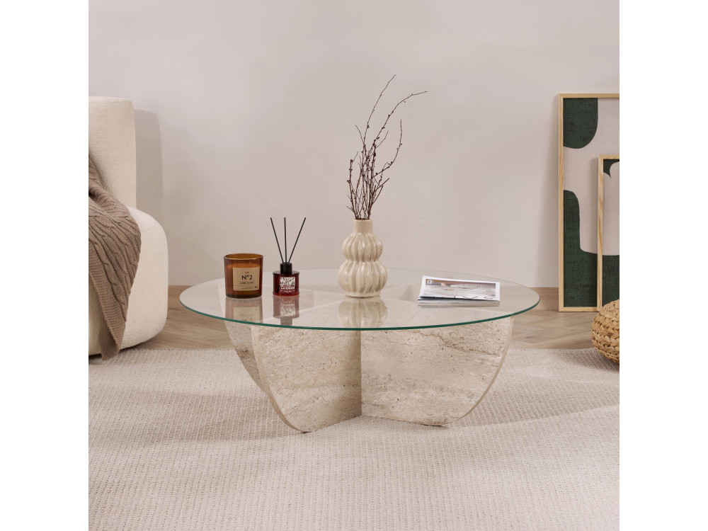 Mesa de centro em vidro "Liya" 90 x 90 x 30 cm - Travertino