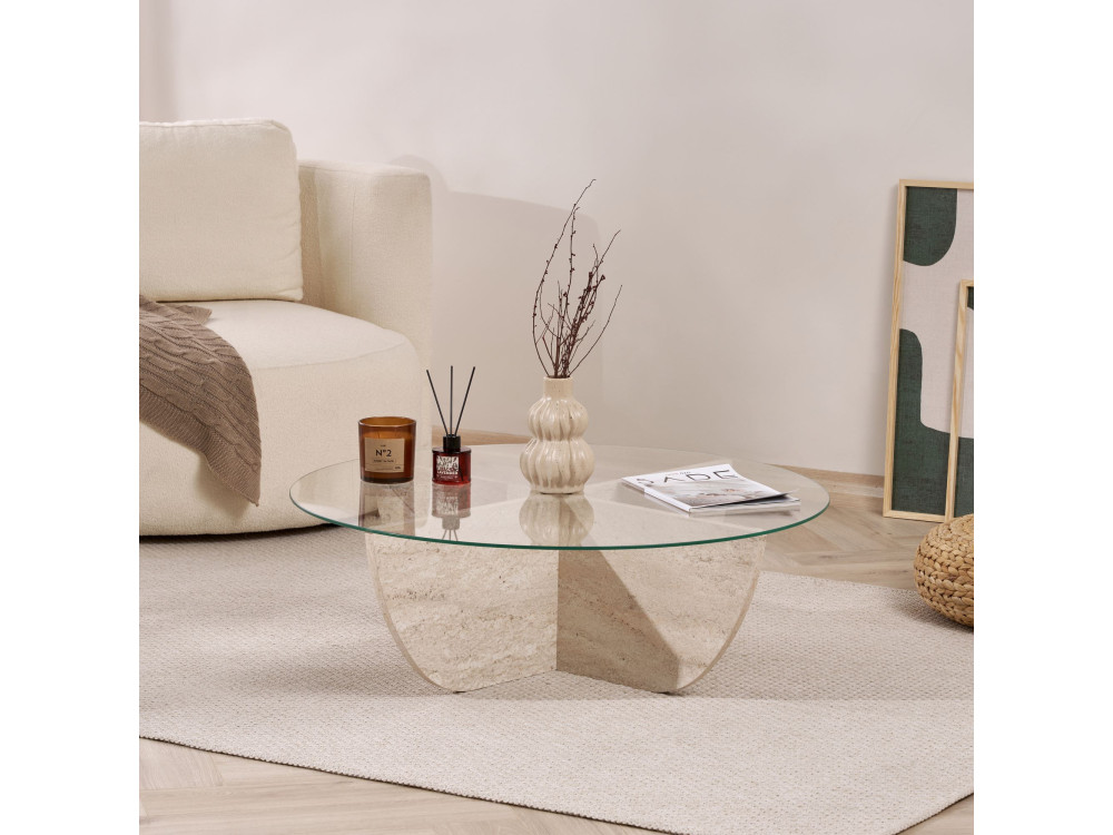 Mesa de centro em vidro "Liya" 90 x 90 x 30 cm - Travertino