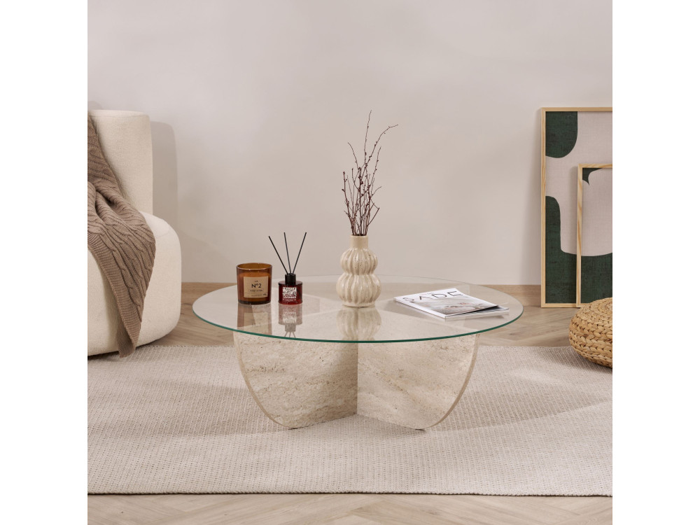 Mesa de centro em vidro "Liya" 90 x 90 x 30 cm - Travertino