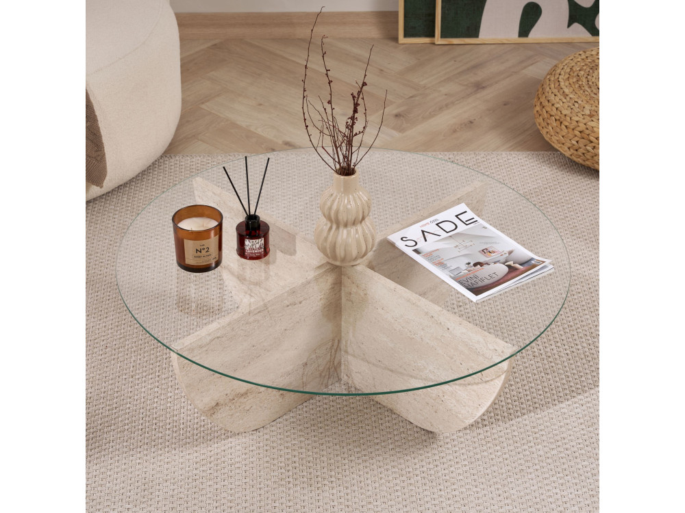 Mesa de centro em vidro "Liya" 90 x 90 x 30 cm - Travertino