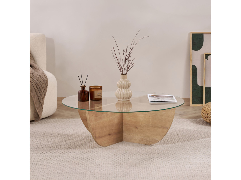 Mesa de centro em vidro "Liya" 90 x 90 x 30 cm - Carvalho safira