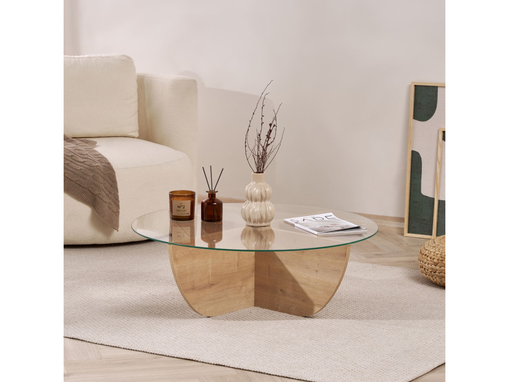 Mesa de centro em vidro "Liya" 90 x 90 x 30 cm - Carvalho safira