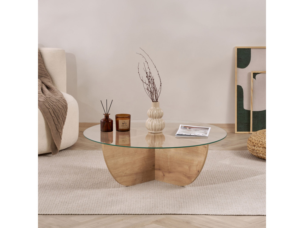 Mesa de centro em vidro "Liya" 90 x 90 x 30 cm - Carvalho safira