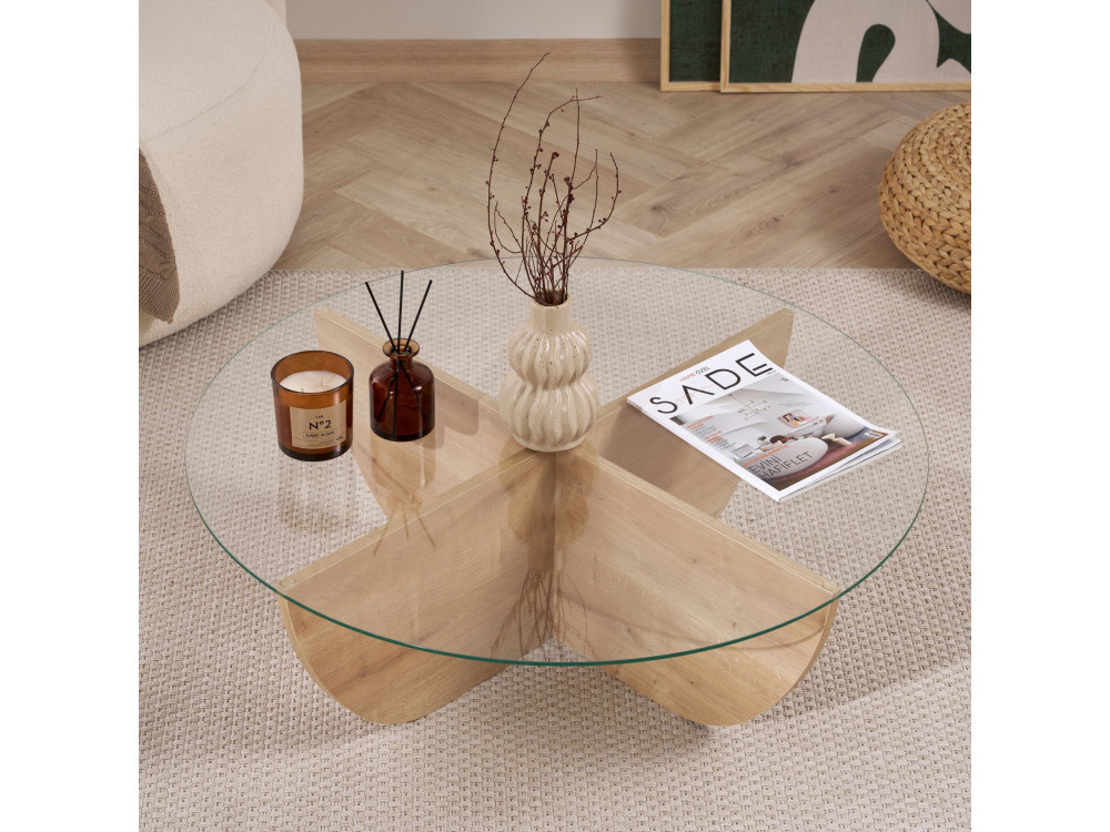 Mesa de centro em vidro "Liya" 90 x 90 x 30 cm - Carvalho safira