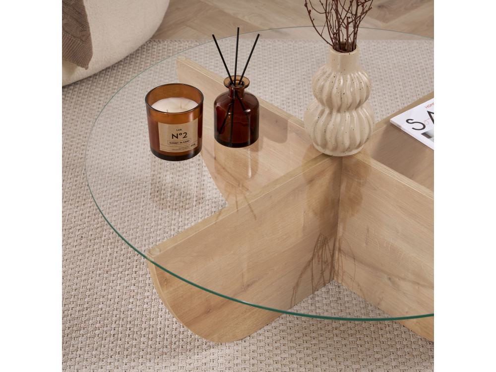 Mesa de centro em vidro "Liya" 90 x 90 x 30 cm - Carvalho safira