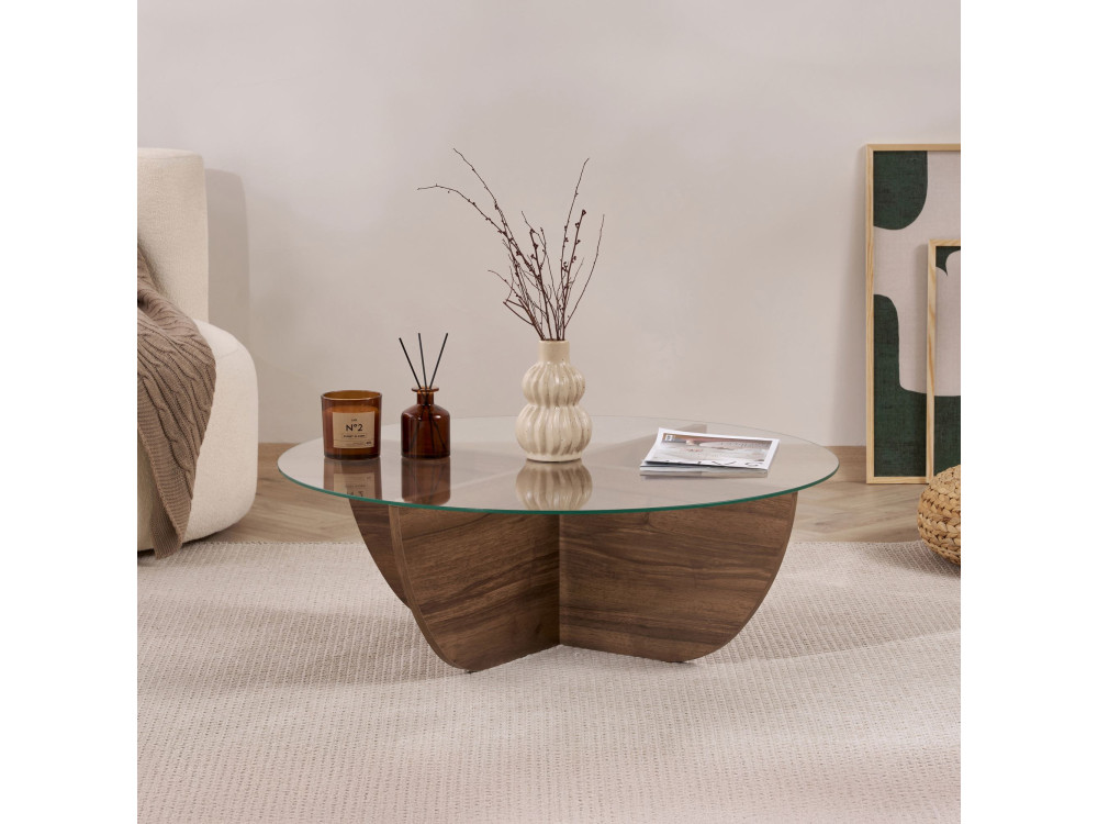 Mesa de centro de vidro "Liya" 90 x 90 x 30 cm - Nogueira