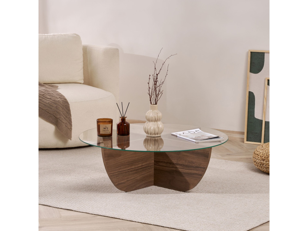 Mesa de centro de vidro "Liya" 90 x 90 x 30 cm - Nogueira