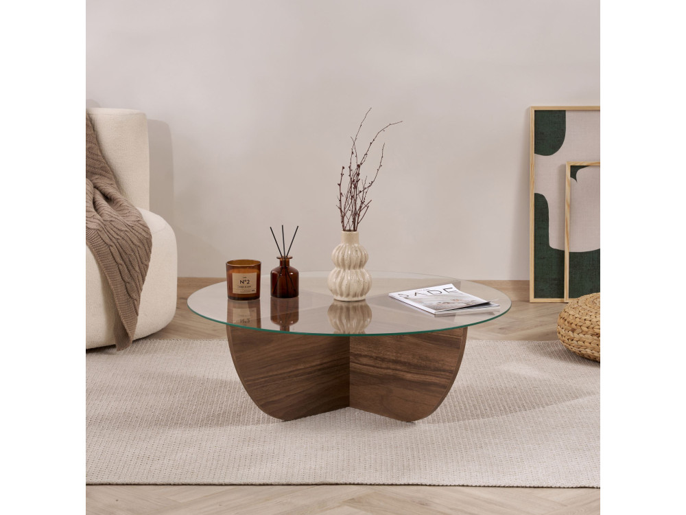Mesa de centro de vidro "Liya" 90 x 90 x 30 cm - Nogueira