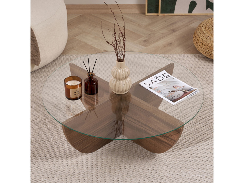 Mesa de centro de vidro "Liya" 90 x 90 x 30 cm - Nogueira