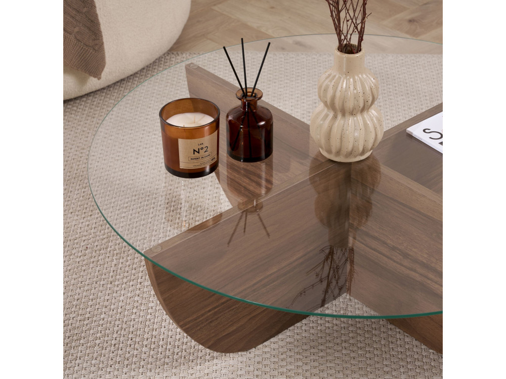 Mesa de centro de vidro "Liya" 90 x 90 x 30 cm - Nogueira