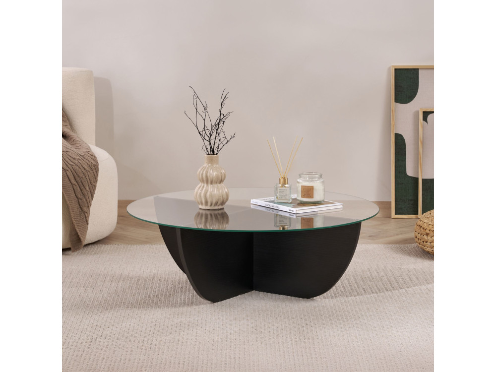 Mesa de centro de vidro "Liya" 90 x 90 x 30 cm - Madeira preta