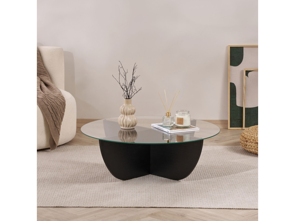 Mesa de centro de vidro "Liya" 90 x 90 x 30 cm - Madeira preta