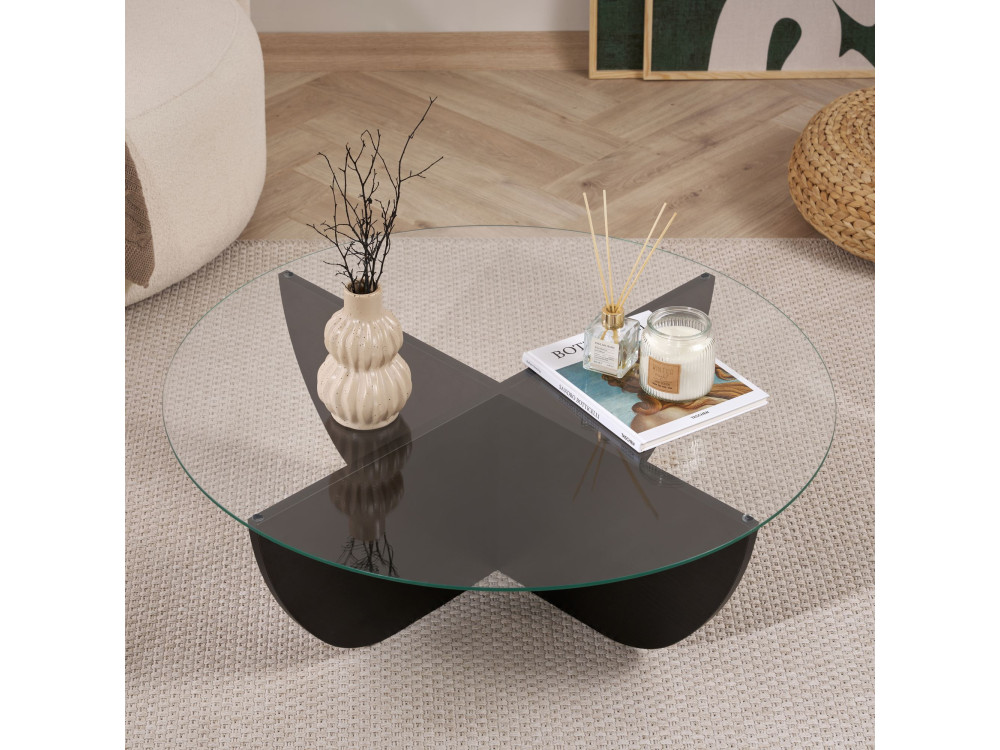 Mesa de centro de vidro "Liya" 90 x 90 x 30 cm - Madeira preta
