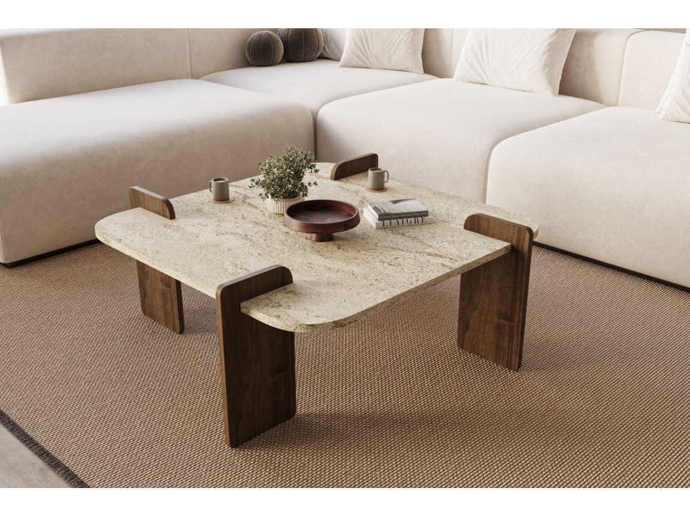 Mesa de centro de madeira "Afrolli" - 90 x 90 x 35 cm - Travertino