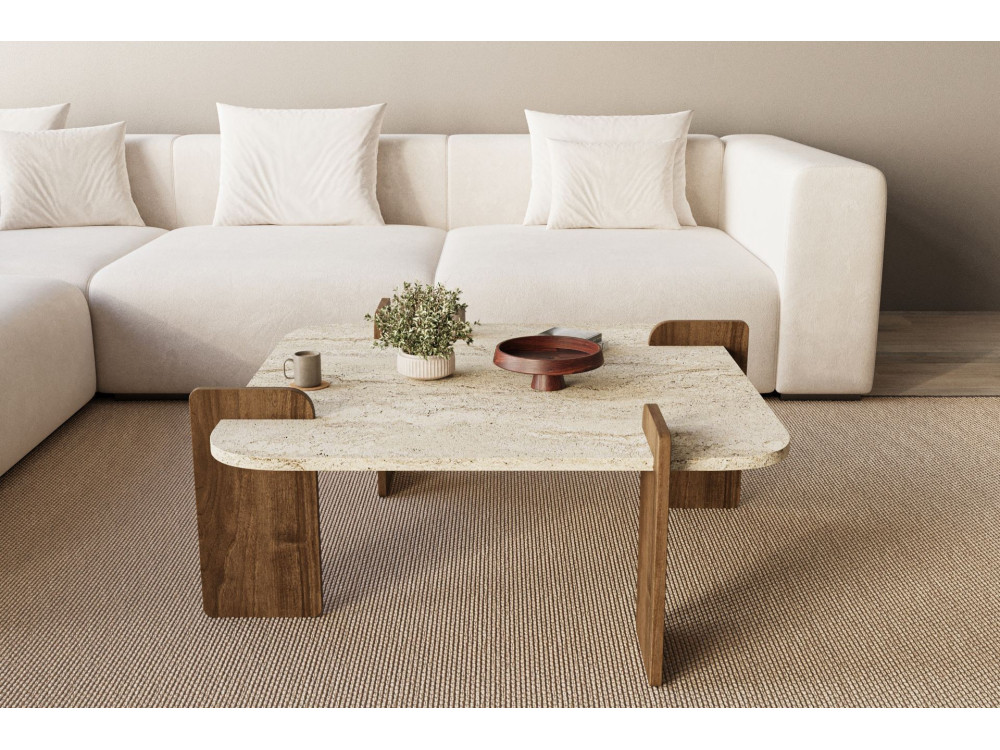 Mesa de centro de madeira "Afrolli" - 90 x 90 x 35 cm - Travertino
